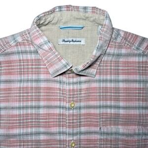 Tommy Bahama Long Sleeve Pink Plaid Button Down Mens Large Cotton Shirt